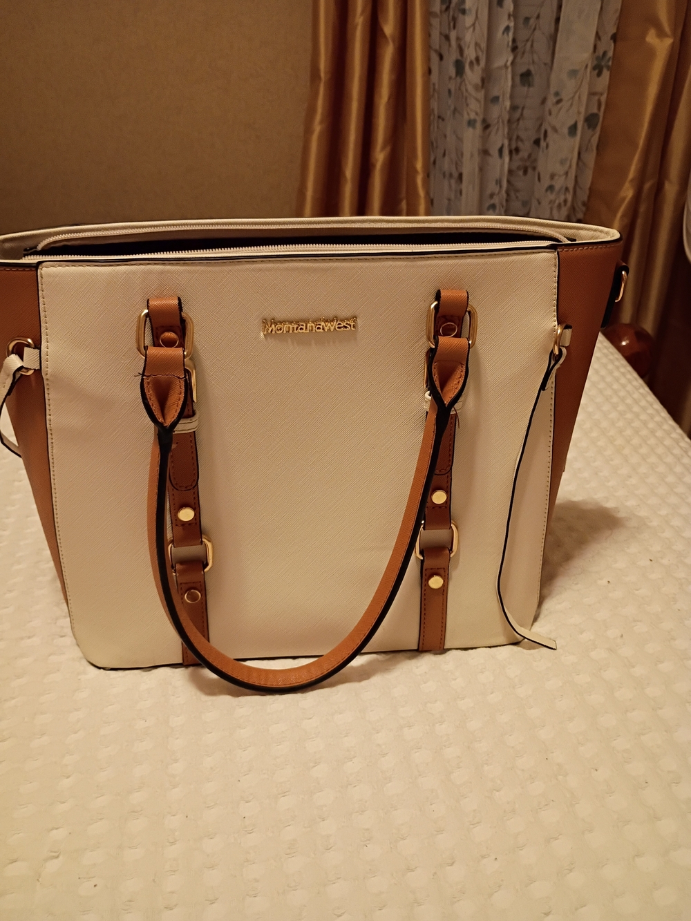 Montana West Cream and Tan Tote Set with Matching Wallet and Strap - Picture 2 of 6